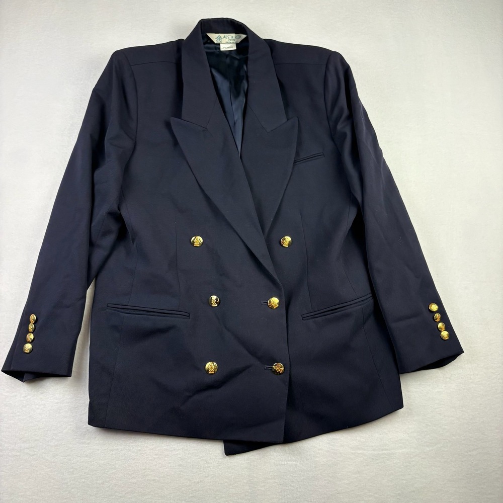 VTG Austin Reed Blazer Women 16P Navy Blue Wool Gold Crest Button Professional